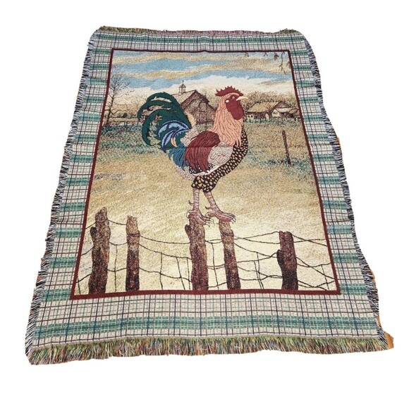 Vintage Home Interiors Throw Blanket; 100%Finest cotton Roster Tapestry 54"X74 - Picture 1 of 5